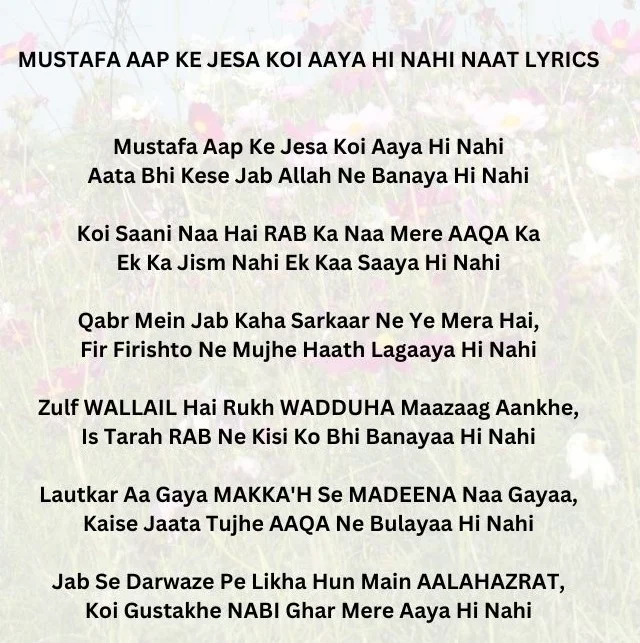 MUSTAFA AAP KE JESA KOI AAYA HI NAHI NAAT LYRICS IN ROMAN