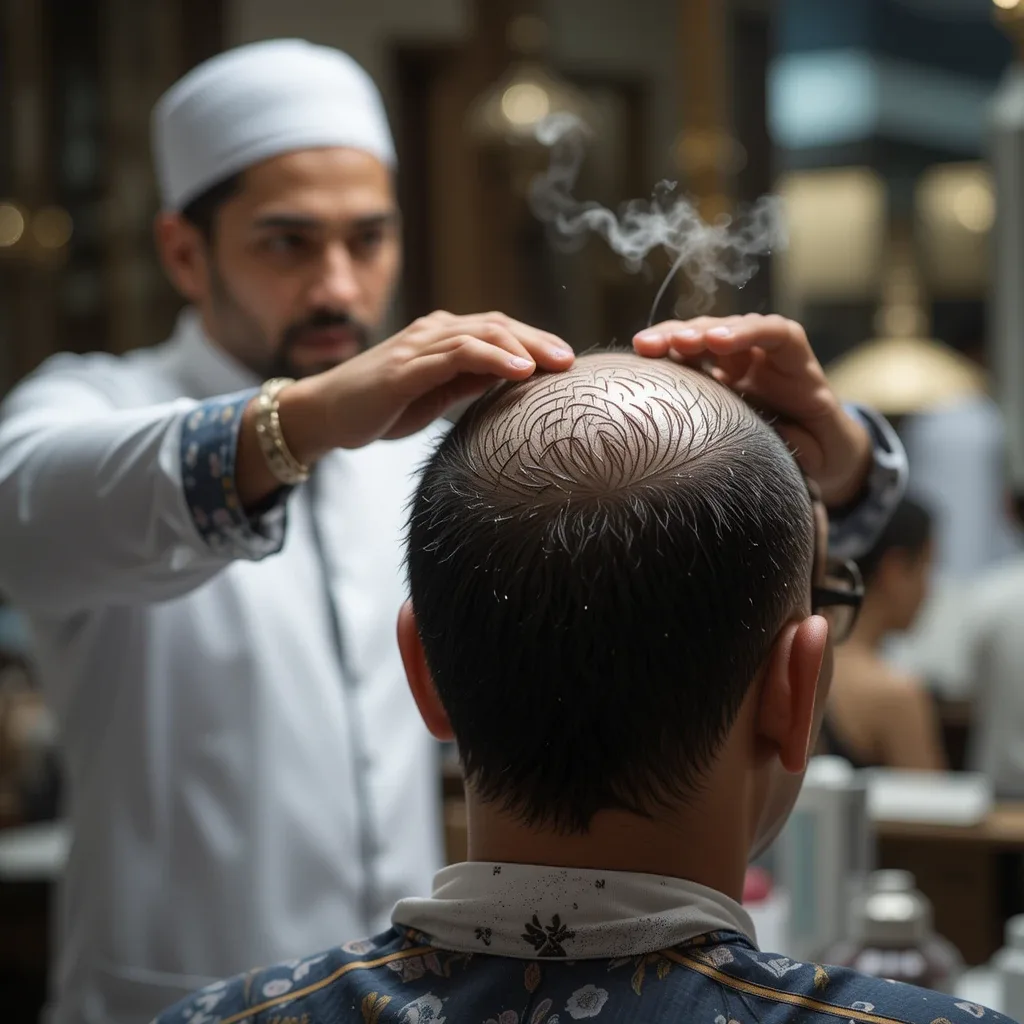 A barber shaving a pilgrim’s head as part of the final Umrah step