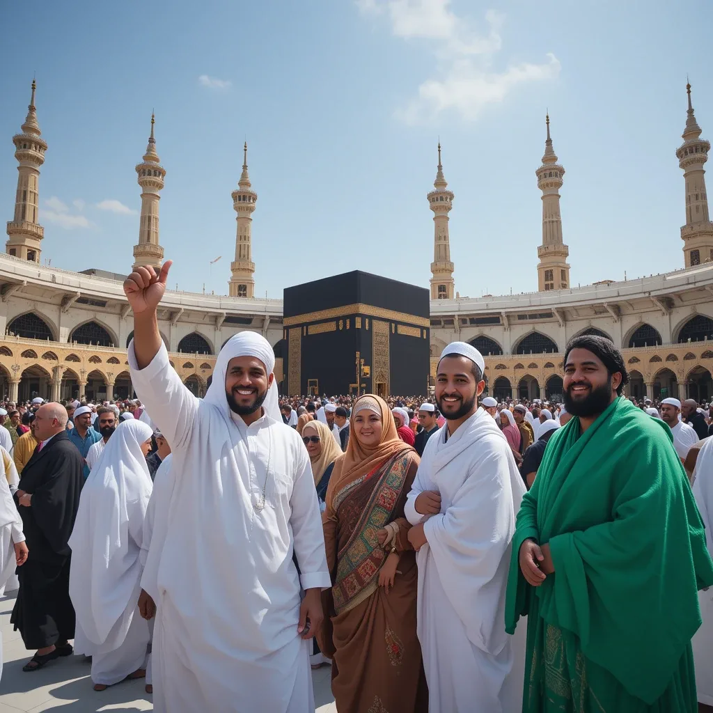 A diverse group of pilgrims happily completing their final Tawaf