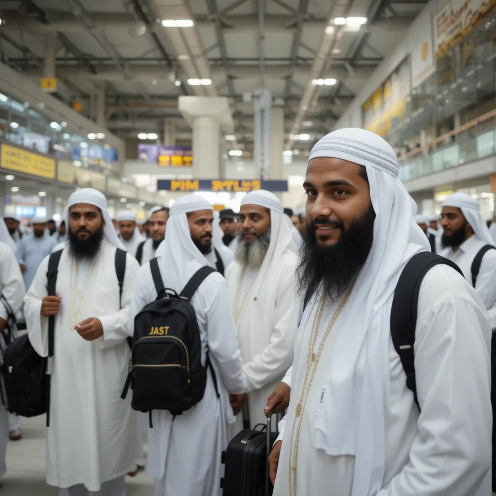 A group of pilgrims in Ihram clothing at the airport, preparing for their journey.