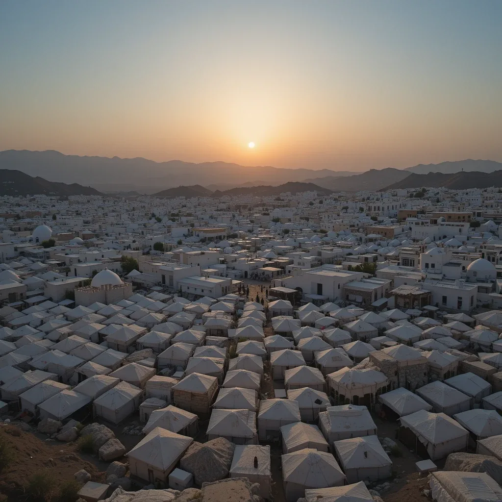 A panoramic view of thousands of white tents in Mina under the sun