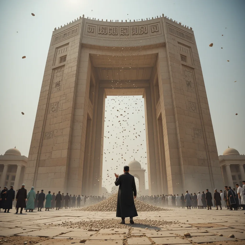 A pilgrim throwing pebbles at a massive Jamarat pillar