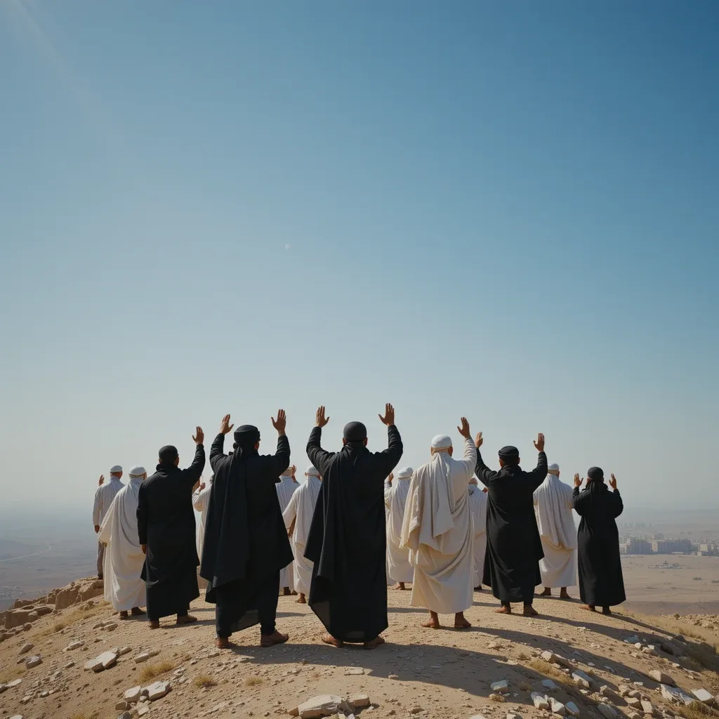 Pilgrims standing on Mount Arafat with hands raised in prayer